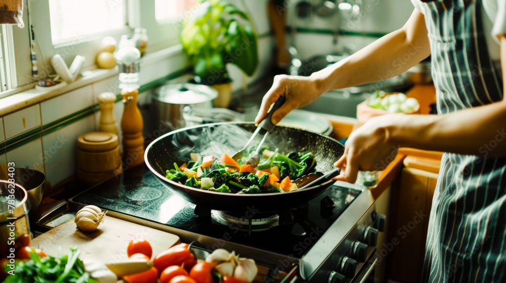 Wall mural a kitchen table laden with fresh produce, with a woman skillfully preparing a vegetarian stir fry in