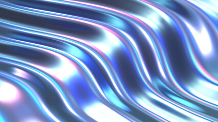 Iridescent chrome wavy gradient fabric abstract background, ultraviolet holographic foil texture, liquid surface, ripples, metallic reflection.