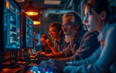 Fototapeta na wymiar Senior development team concentrates on programming at night with aged developer