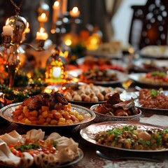 a table covered with plates of food, meat and a candle