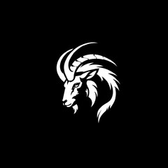 the black and white goat logo on a dark background with copy space
