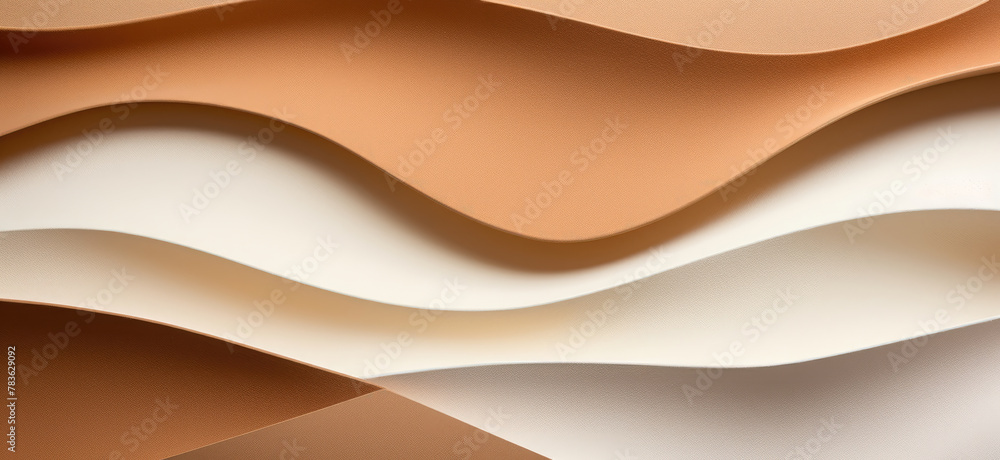 Poster flowing beige and brown curves overlap, creating a soft, abstract wave pattern with a 3d paper cut-o