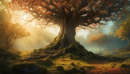 An ancient sprawling tree stands majestically in a foggy forest, its roots weaving stories into the mystic morning landscape. - obrazy, fototapety, plakaty