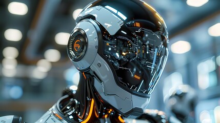 Sleek futuristic robot, metallic grey and black colors, helmet high-tech, setting industrial, details design advanced, embodying innovation's sense and power, design advanced.
