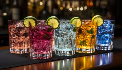 exotic, colorful cocktails arranged on a nightclub counter.The cocktails exude a tropical, refreshing vibe, enticing patrons to indulge in the lively atmosphere of the bar.