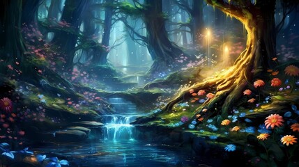 the fairy forest wallpaper mural is shown in this view - obrazy, fototapety, plakaty