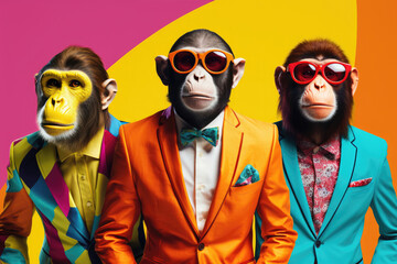 Trio of monkeys in chic and trendy suits and shades against a vibrant backdrop, a funny and moody meld of cool animal fun and high fashion.