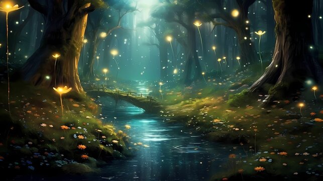 this fantasy forest is filled with glowing fireflies and butterflies