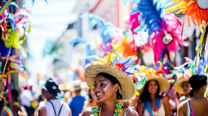 A lively street festival, where every corner bursts with colorful decorations and costumes, echoing...