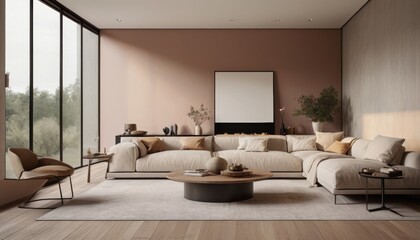 A serene modern living room boasting a large sectional sofa, earthy tones, and expansive windows overlooking lush greenery.