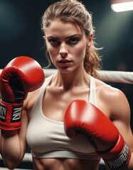 Young female boxer with boxing gloves, ready for action, AI-generated.