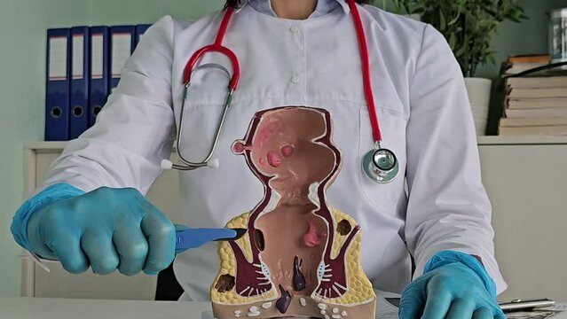 Doctor is holding scalpel anatomy of rectum problem. Surgical approach to treatment of chronic constipation