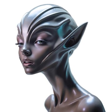 Female alien hybrid with pointed ears and powder-pink eyeshadow on a white background, AI-generated.