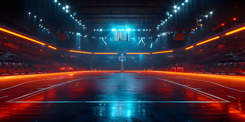Basketball arena with glowing court and high-tech illuminated stands - Ai Generated