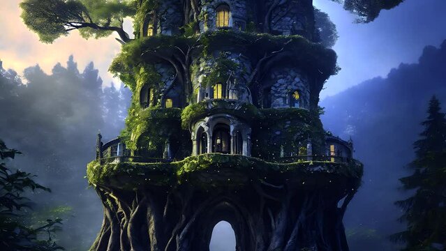 神秘的な森の大木に群がる蛍の舞い。イラスト、アニメーション