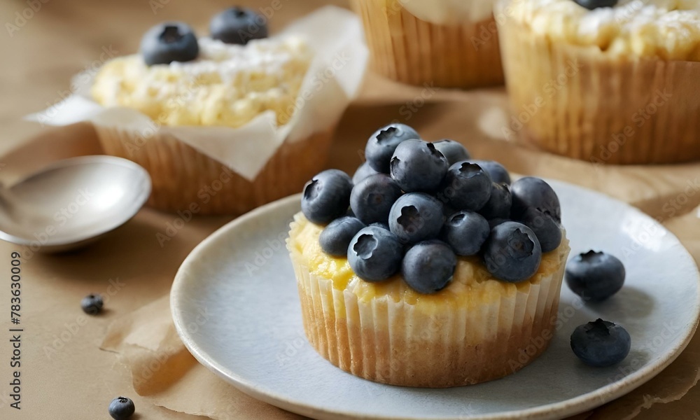 Poster Plate of cupcakes topped with fresh blueberries, AI-generated.