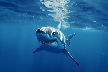 AI generated illustration of a shark swimming in deep blue water
