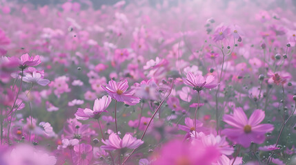 field of pink flowers, Cosmos Sonata Flower field pink flower field. - obrazy, fototapety, plakaty