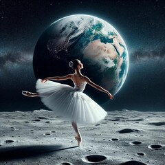 Woman in tutu dancing on the moon
