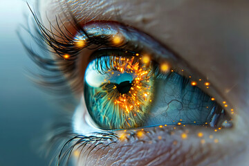 AI generated illustration of a close-up of an eye with a vivid blue iris reflecting orange stars