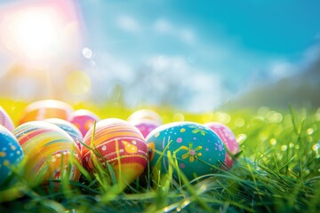 Brightly Colored Easter Eggs Resting in Lush Green Grass under a Clear Spring Sky, Capturing the Essence of Joyful Easter Celebrations.