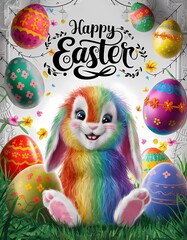 Naklejka premium Cheerful illustration featuring a cute rainbow furry baby bunny surrounded with a vibrant, colorful Easter eggs. The words 