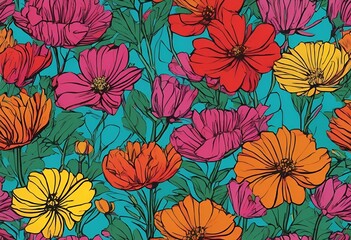 AI generated illustration of abstract multicolored floral background with vibrant flowers and leaves