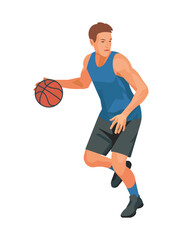 Basketball player in a blue uniform dribble the ball protecting it