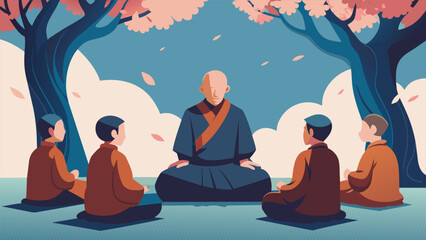 Under the shade of a cherry blossom tree a serene elderly monk leads a meditation session for a group of young monks his gentle voice guiding - obrazy, fototapety, plakaty