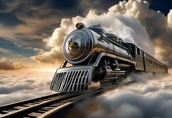 steam locomotive engine, flying through the sky with clouds above it - obrazy, fototapety, plakaty