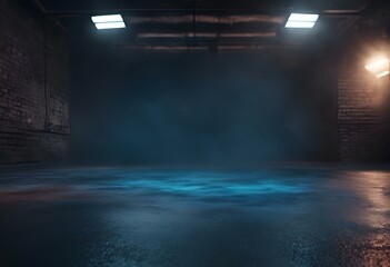 AI generated illustration of Misty room with spotlights, dark and empty