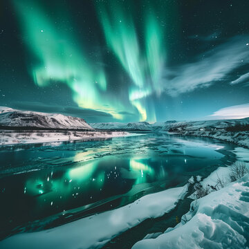 a picture of a green aurora over a frozen lake