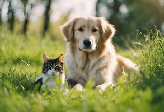 AI-generated illustration of A dog and a cat lounging on the grass in a park