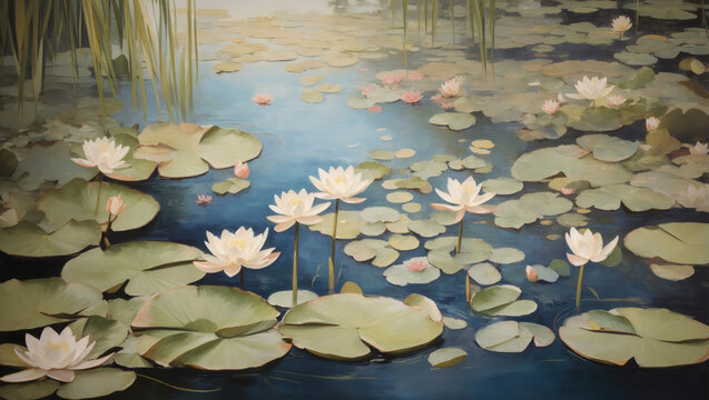 Tranquil floral scene depicting a serene pond surrounded by water lilies, their delicate petals painted with oil's gentle hand.