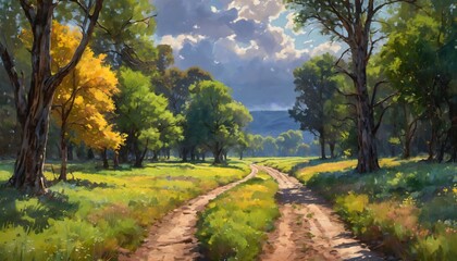 Painting of a rural dirt road surrounded by trees in a field, AI-generated.
