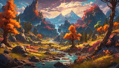 Autumn wallpaper featuring trees and mountains, AI-generated. - obrazy, fototapety, plakaty