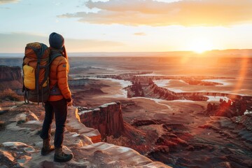 Adventurous Solo Traveler with Backpack Enjoying Sunset Over Vast Canyon, Embracing Freedom and...