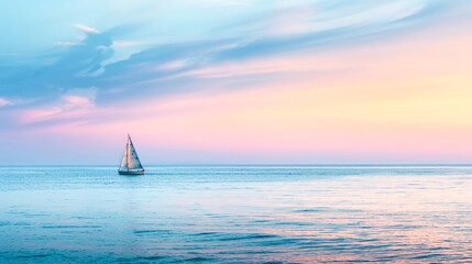A lone sailboat on the horizon, bathed in the golden glow of sunset, against a canvas of dreamy ocean blues and pinks.