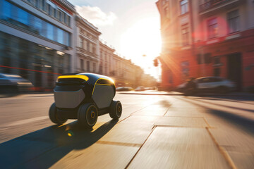 delivery robot in the city in motion, automated delivery, close