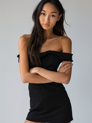 Naklejka premium Sexy skinny tan brunette teenage erotic model, Japanese female standing side on arms crossed and looking at camera, wearing black mini dress with high heels