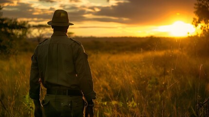 AI generated illustration of a man in safari attire and hat, looking at the setting sun - obrazy, fototapety, plakaty
