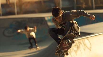 a young man is doing a skateboard trick in a skate park