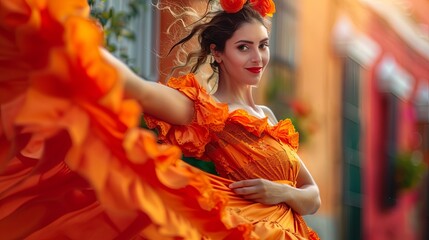 Beautiful female flamenco dancer in traditional dance dress. Flamenco is traditional Seville dance...