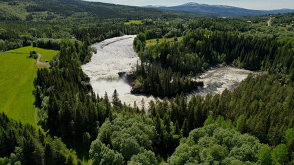 an aerial view of trees and stream near forest with mountains in the background