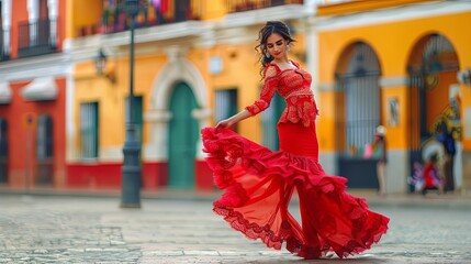 Beautiful female flamenco dancer in traditional dance dress. Flamenco is traditional Seville dance in Spain - Powered by Adobe