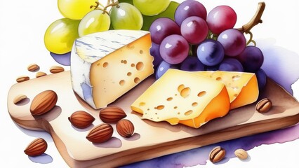 Cheese, grapes and nuts on wooden board in watercolor style - 783633488