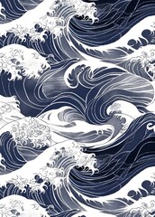 AI generated illustration of blue and white wave pattern fabric, oriental design