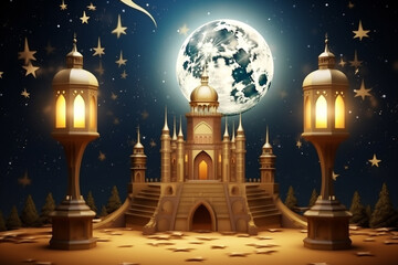 Obraz premium Banner consisting from traditional species accessories for celebration holiday Ramadan, Ai generated