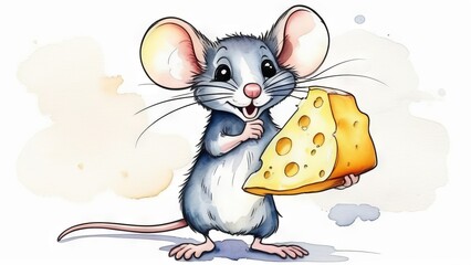 Funny mouse holding piece of cheese in watercolor style - 783633895