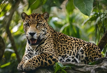 AI generated illustration of a leopard reclining on a tree branch, gazing at the camera